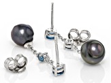Cultured Tahitian Pearl and London Blue Topaz Rhodium Over Sterling Silver Earrings