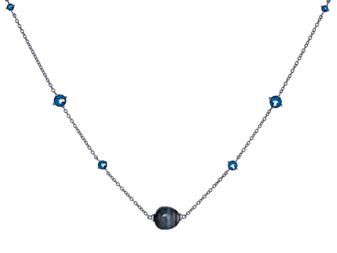 Cultured Tahitian Pearl and London Blue Topaz Rhodium Over Sterling ...