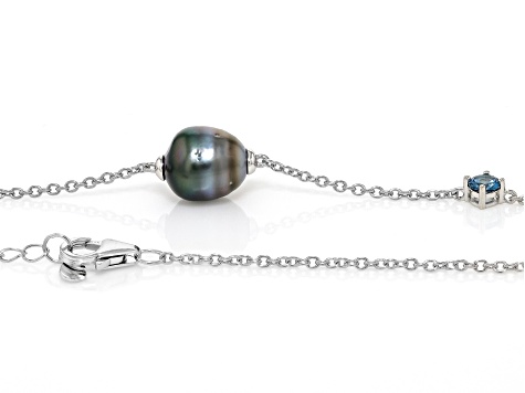 Cultured Tahitian Pearl and London Blue Topaz Rhodium Over Sterling Silver 20" Necklace