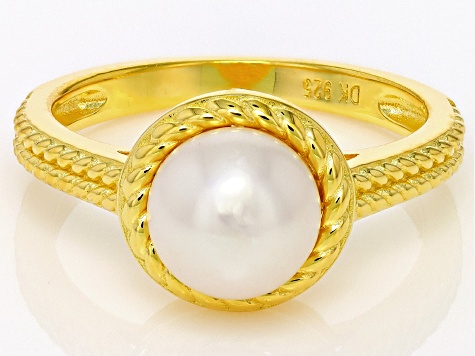 White Cultured Freshwater Pearl 18k Yellow Gold Over Sterling Silver Ring