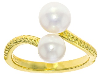 White Cultured Freshwater Pearl 18k Yellow Gold Over Sterling Silver Bypass Ring