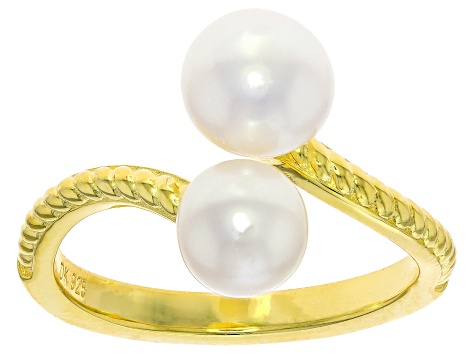 White Cultured Freshwater Pearl 18k Yellow Gold Over Sterling Silver Bypass Ring