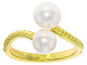 White Cultured Freshwater Pearl 18k Yellow Gold Over Sterling Silver Bypass Ring