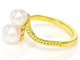 White Cultured Freshwater Pearl 18k Yellow Gold Over Sterling Silver Bypass Ring