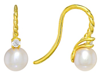 Picture of White Cultured Freshwater Pearl and White Zircon 18k Yellow Gold Over Sterling Silver Earrings
