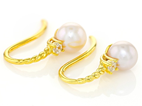 White Cultured Freshwater Pearl and White Zircon 18k Yellow Gold Over Sterling Silver Earrings