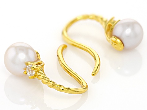 White Cultured Freshwater Pearl and White Zircon 18k Yellow Gold Over Sterling Silver Earrings