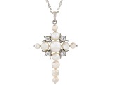 White Cultured Freshwater Pearl and White Zircon Rhodium Over Sterling Silver Cross Pendant