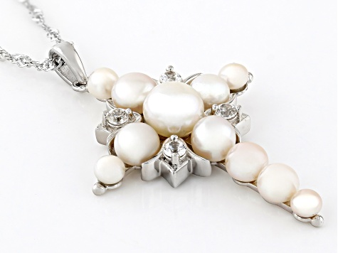 White Cultured Freshwater Pearl and White Zircon Rhodium Over Sterling Silver Cross Pendant