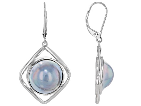 Platinum Cultured Mabe Pearl Rhodium Over Sterling Silver Earrings