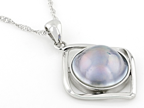 Platinum Cultured Mabe Pearl Rhodium Over Sterling Silver Pendant with Chain