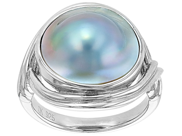 Platinum Cultured South Sea Mabe Pearl Rhodium Over Sterling Silver Ring