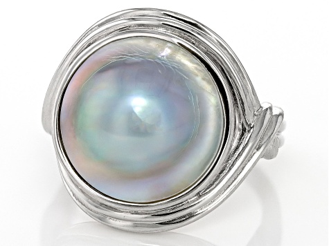 Platinum Cultured South Sea Mabe Pearl Rhodium Over Sterling Silver Ring