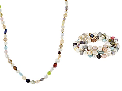 Multicolor Cultured Freshwater Pearl Endless Strand Necklace and Set of 4 Stretch Bracelet Set