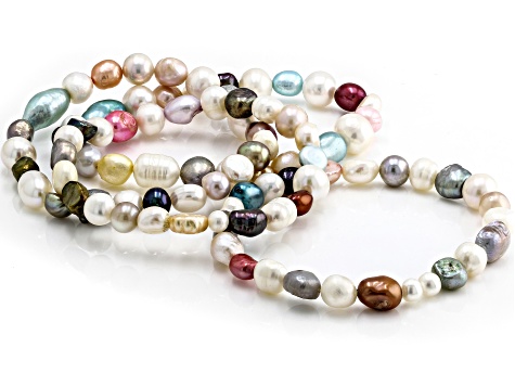 Multicolor Cultured Freshwater Pearl Endless Strand Necklace and Set of 4 Stretch Bracelet Set