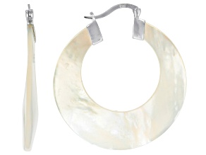 White South Sea Mother-of-Pearl Rhodium Over Sterling Silver Hoop Earrings