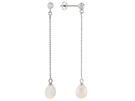 White Cultured Freshwater Pearl Rhodium Over Sterling Silver Dangle Earrings