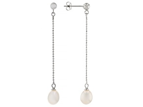 White Cultured Freshwater Pearl Rhodium Over Sterling Silver Dangle Earrings