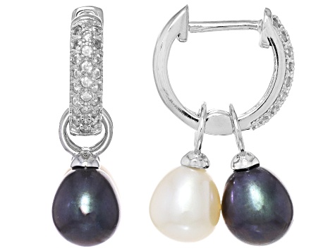 White and Black Cultured Freshwater Pearl Rhodium Over Sterling Interchangeable Earrings