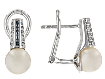 Picture of Cultured Japanese Akoya Pearl with 0.15ctw Blue and White Diamond Rhodium Over Sterling Earrings