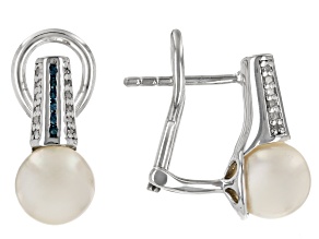White Cultured Japanese Akoya Pearl with Blue and White Diamond Rhodium Over Sterling Earrings