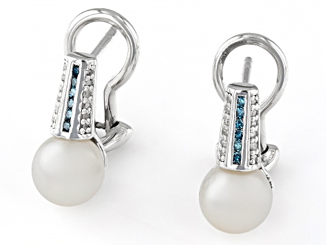 Cultured Japanese Akoya Pearl with 0.15ctw Blue and White Diamond Rhodium Over Sterling Earrings