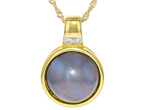 Platinum Cultured Mabe Pearl and White Zircon 18k Yellow Gold Over Sterling Silver Pendant