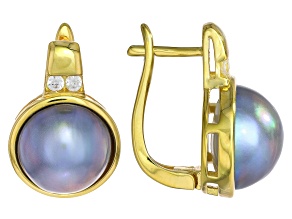 Platinum Cultured Mabe Pearl and White Zircon 18k Yellow Gold Over Sterling Silver Earrings