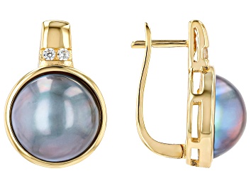 Picture of Platinum Cultured South Sea Mabe Pearl and White Zircon 18k Yellow Gold Over Silver Earrings