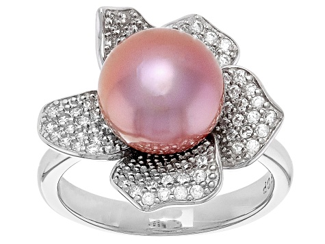 Genusis™ Pink Cultured Freshwater Pearl and Cubic Zirconia Rhodium Over Sterling Silver Ring