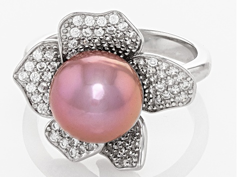Genusis™ Pink Cultured Freshwater Pearl and Cubic Zirconia Rhodium Over Sterling Silver Ring