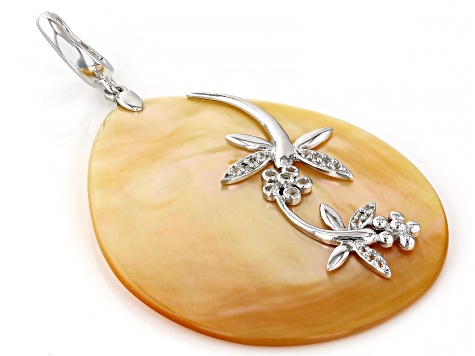 Yellow Mother-of-Pearl and White Zircon Rhodium Over Sterling Silver Enhancer Pendant