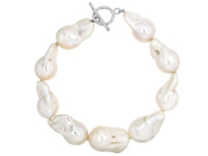 Genusis™ White Cultured Freshwater Pearl Rhodium Over Sterling Silver Toggle Bracelet