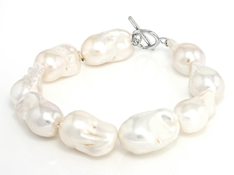 Genusis™ White Cultured Freshwater Pearl Rhodium Over Sterling Silver Toggle Bracelet