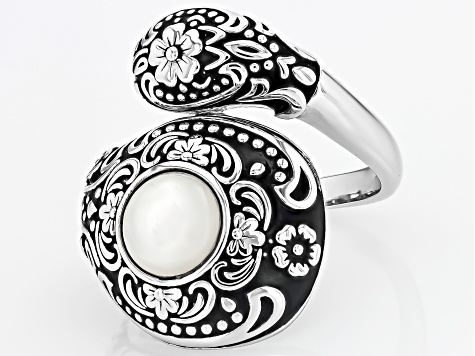 White Mother-of-Pearl Rhodium Over Sterling Silver Oxidized Bypass Ring