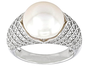 Picture of White Cultured Freshwater Pearl and Bella Luce®  Cubic Zirconia Rhodium Over Sterling Silver Ring