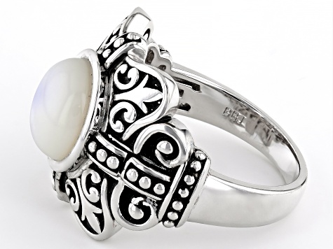White Mother-of-Pearl Rhodium Over Sterling Silver Oxidized Ring