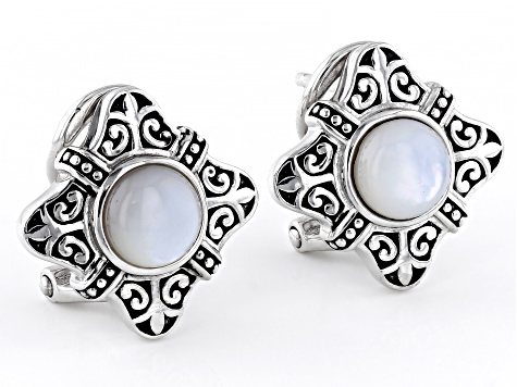 White Mother-of-Pearl Rhodium Over Sterling Silver Oxidized Stud Earrings