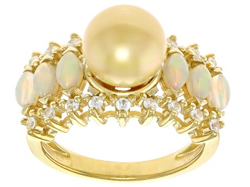 Picture of Golden Cultured South Sea Pearl, Ethiopian Opal & White Zircon 18k Yellow Gold Over Silver Ring
