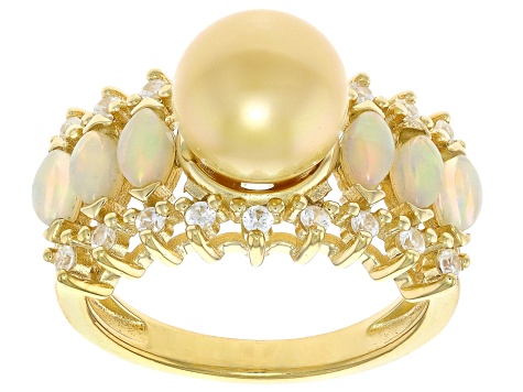 Golden Cultured South Sea Pearl, Ethiopian Opal & White Zircon 18k Yellow Gold Over Silver Ring