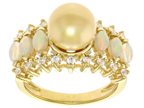 Golden Cultured South Sea Pearl, Ethiopian Opal & White Zircon 18k Yellow Gold Over Silver Ring