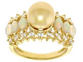 Golden Cultured South Sea Pearl, Ethiopian Opal & White Zircon 18k Yellow Gold Over Silver Ring