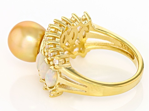 Golden Cultured South Sea Pearl, Ethiopian Opal & White Zircon 18k Yellow Gold Over Silver Ring