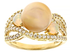 Golden Cultured South Sea Pearl With Opal & White Zircon 18k Gold Over Sterling Silver Ring