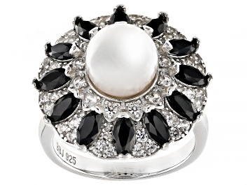 Picture of White Cultured Freshwater Pearl Black Spinel and White Zircon Rhodium Over Sterling Silver Ring