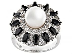 White Cultured Freshwater Pearl Black Spinel and White Zircon Rhodium Over Sterling Silver Ring