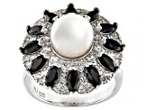 White Cultured Freshwater Pearl Black Spinel and White Zircon Rhodium Over Sterling Silver Ring