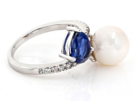 White Cultured Freshwater Pearl, 1.06ct Kyanite & White Zircon Rhodium Over Sterling Silver Ring