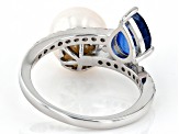 White Cultured Freshwater Pearl, 1.06ct Kyanite & White Zircon Rhodium Over Sterling Silver Ring
