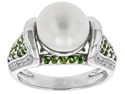 White Cultured Freshwater Pearl With Champagne Diamond and White Zircon Rhodium Over Silver Ring